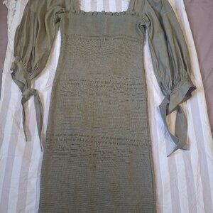 HYFVE Women's OFF Shoulder Smocked Midi Dress Sage Green Size M Puff Sleeve Boho